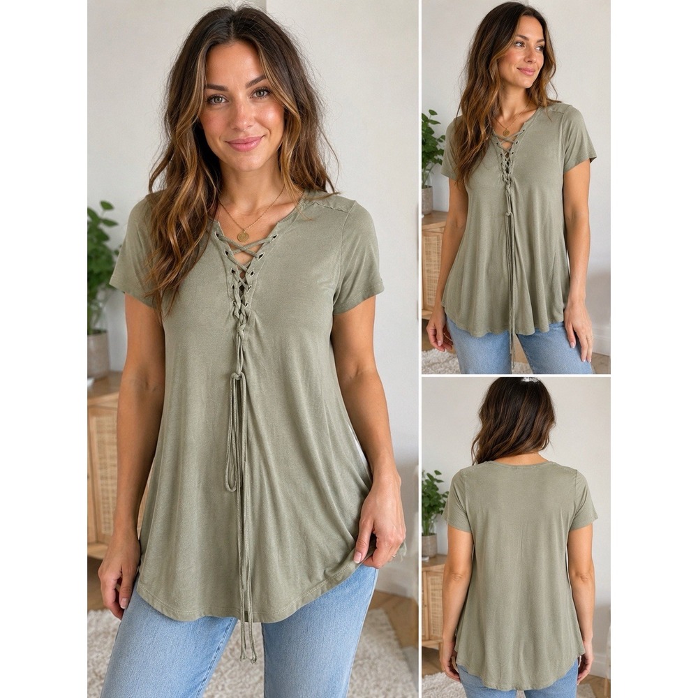 Andrew By Unit Sage Green Lace Up Short Sleeve Tunic Top Small Boho